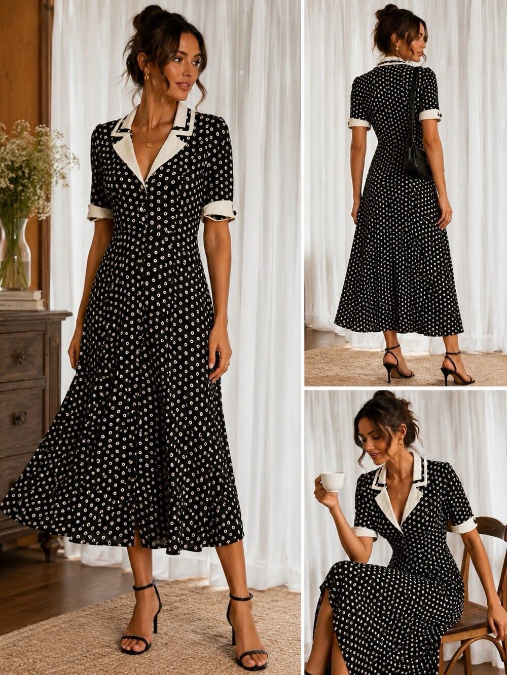 Vtg Karen Alexander Midi Dress Button Fit Flare Collared Tea Party Cottagecore